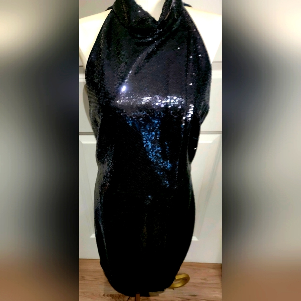 Halston Womens Pallas Sequined Mock Neck Cocktail Dress Black Size 8 NWT